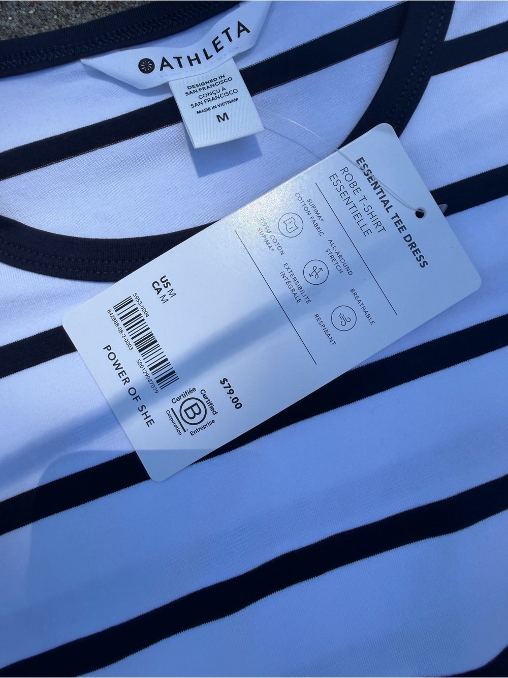 Athleta White Dress with Navy Stripes - Short Sleeve Mini - Picture 3 of 5